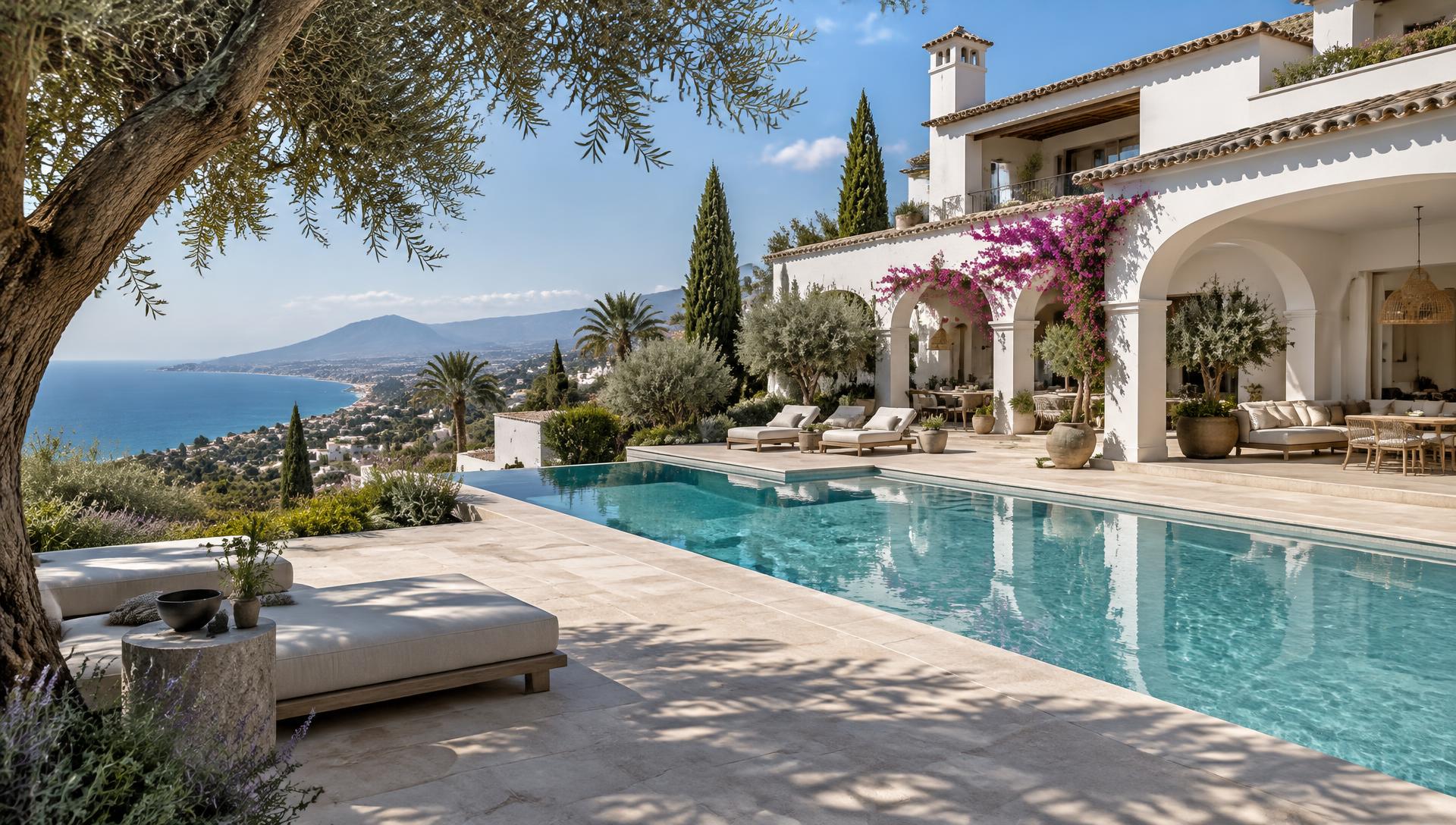 Mediterranean villa with a pool, olive trees and coastal views